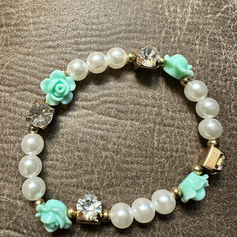Green and White Pearl Rose Bracelet with Crystal Accents